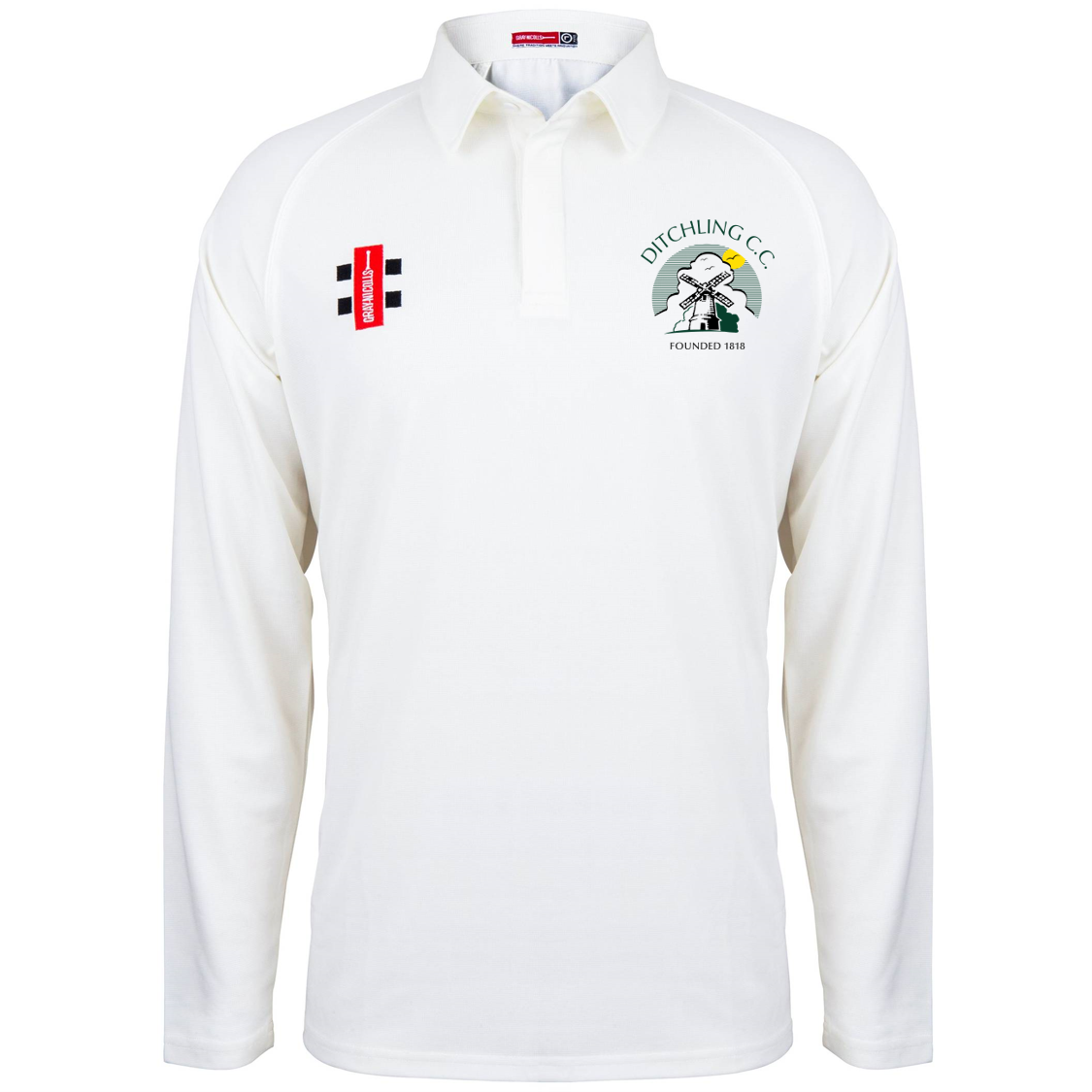 Ditchling Cricket Club Seniors Match Shirt L/S Ivory/Green (Matrix V2)