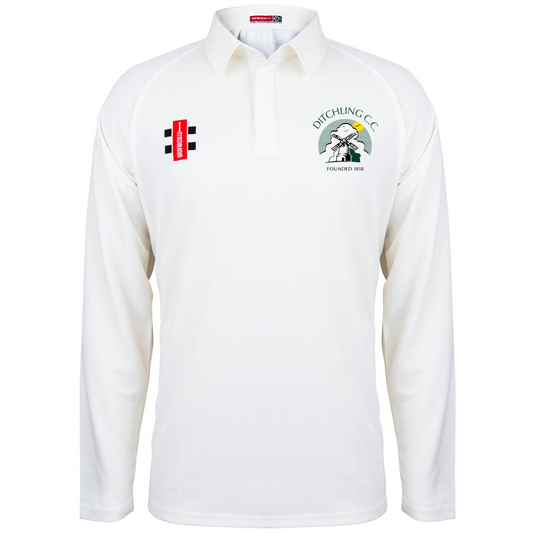 Ditchling Cricket Club Seniors Match Shirt L/S Ivory/Green (Matrix V2)